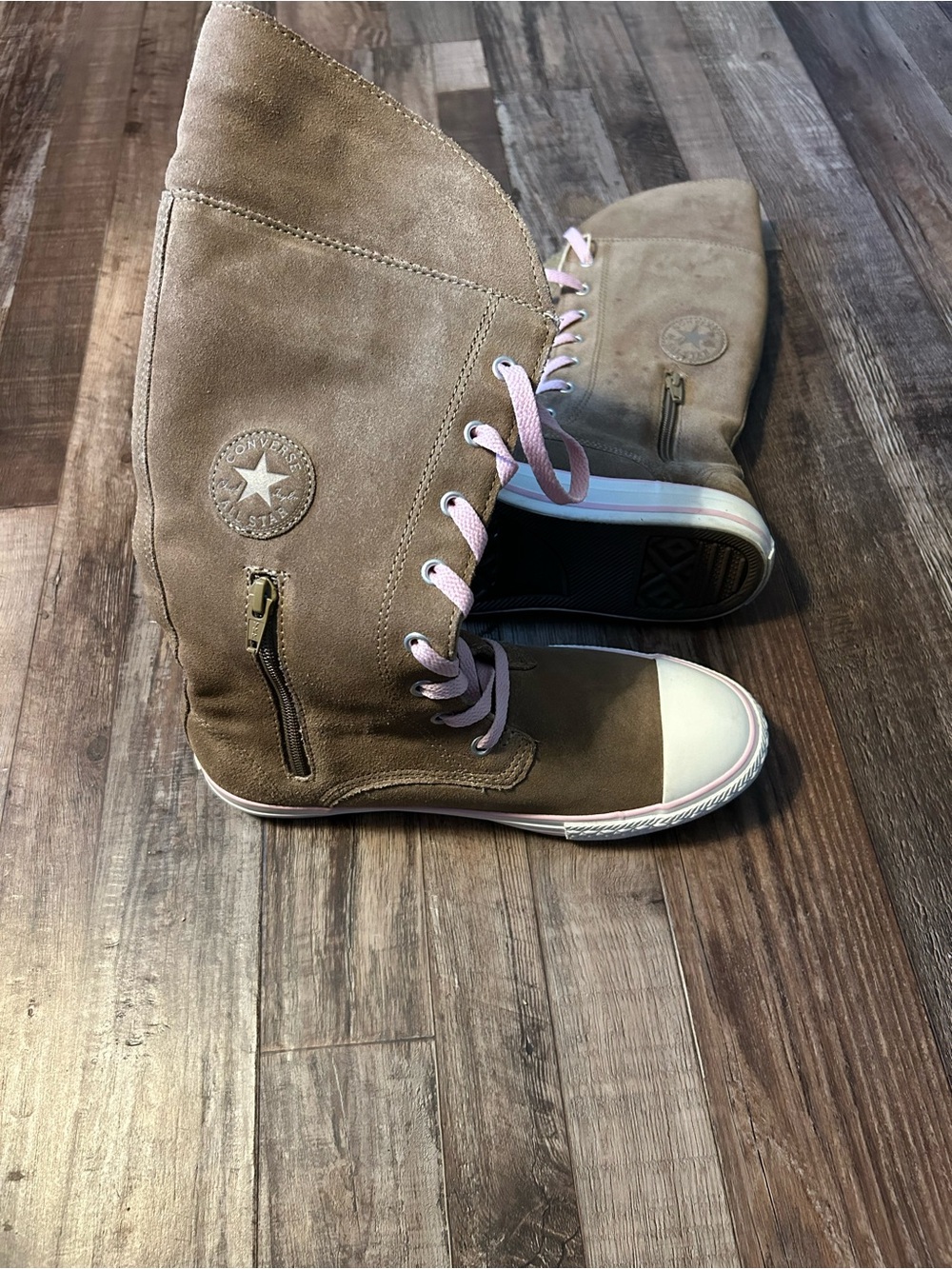 Converse Women Lace-Up High Top Suede Boots in Tan with Pink Laces